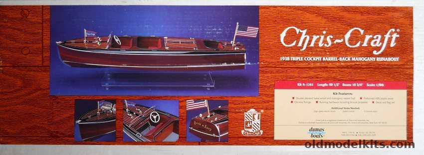 Dumas 1/8 1938 Chris-Craft Triple Cockpit Barrel-Back Mahogany Runabout - 40 1/2 Inch Long Plank-On-Frame Ship for R/C or Display, 1241 plastic model kit